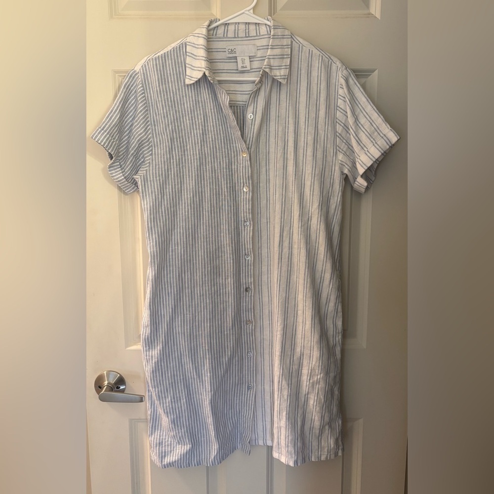 C&C California Linen Blend Striped Button Down Shirt Dress, Blue/White, S